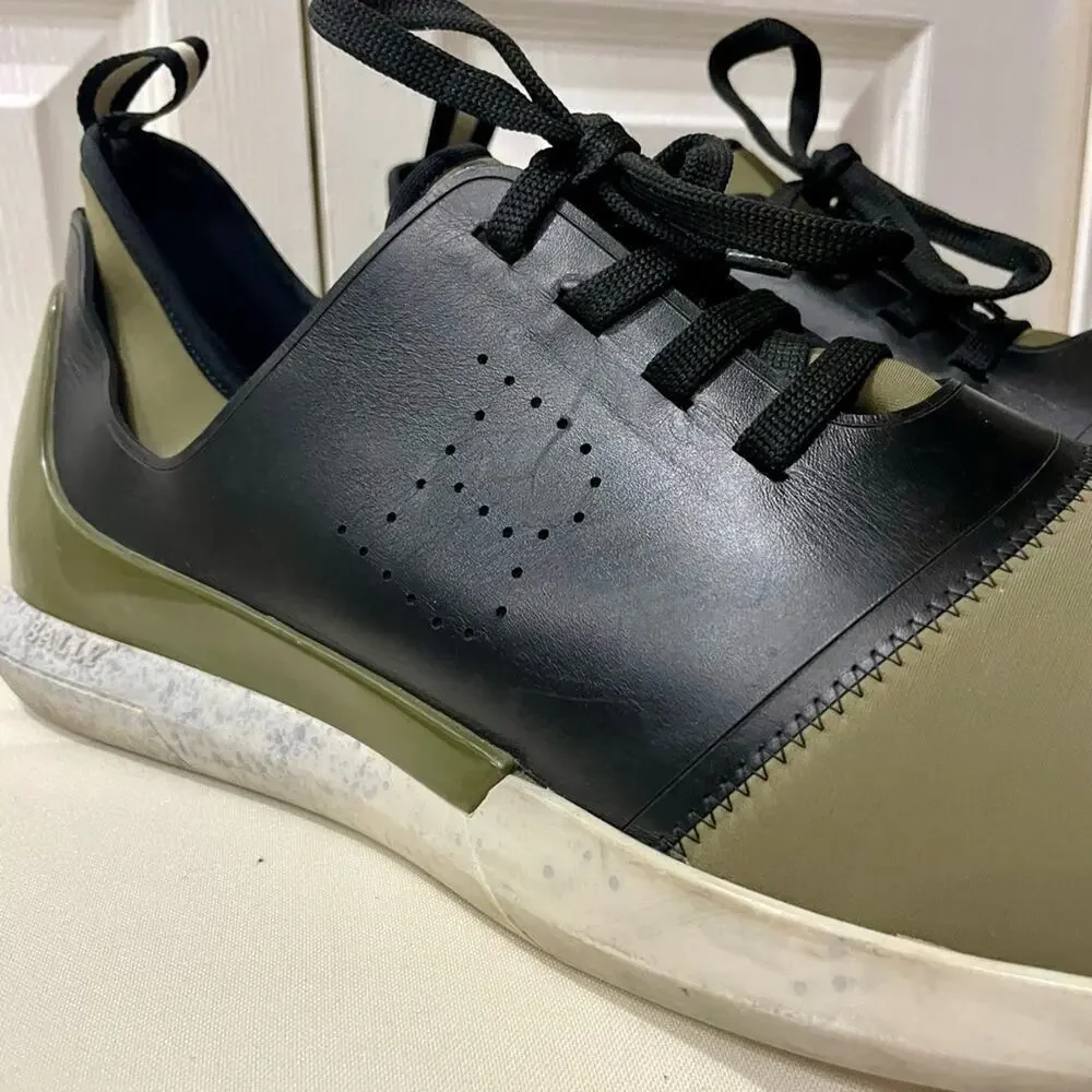 BALLY‎ MEN SHOES NEOPRENE OLIVE GREEN/BLACK LEATHER MADE IN ITALY Sz 13 ICONIC